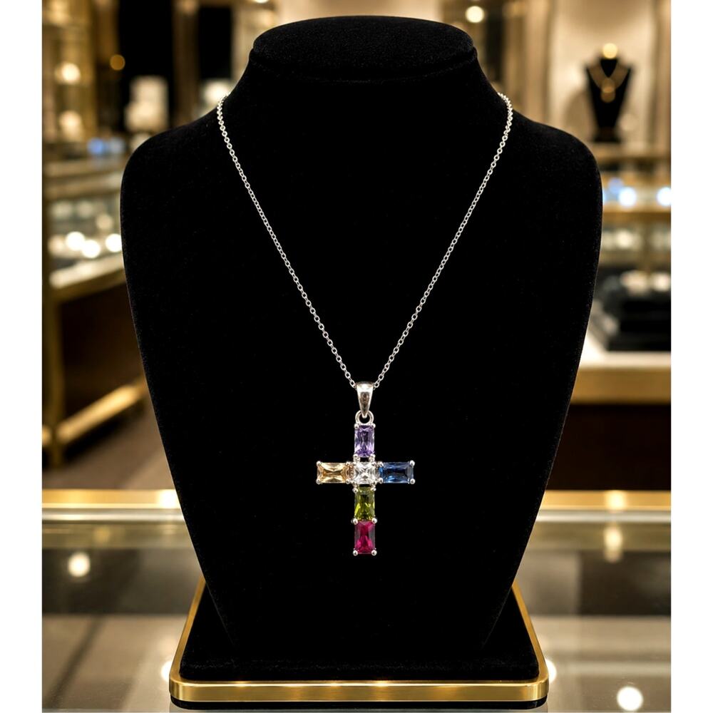 Vintage Multicolor Gemstone Cross Pendant